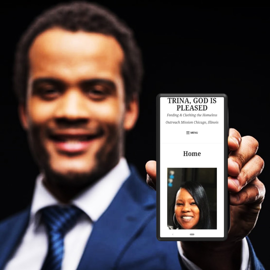 mans smiling holding cellphone with trina's website image